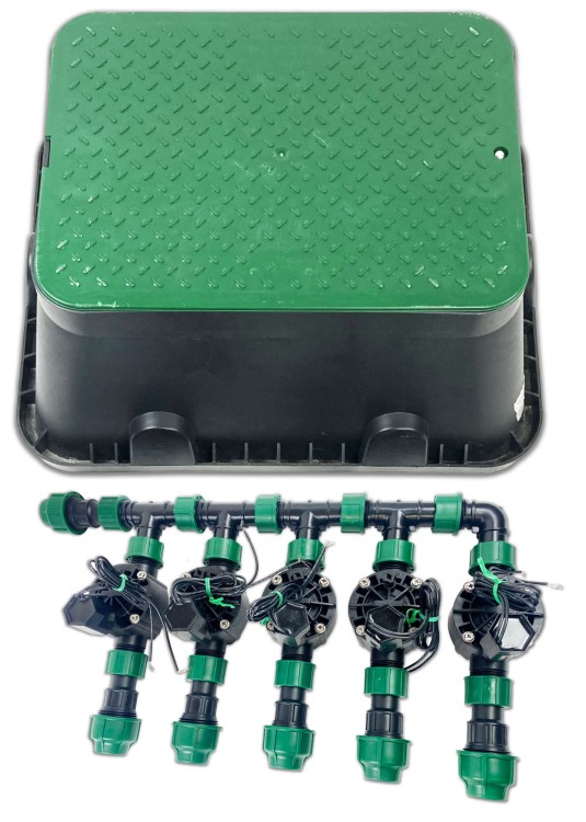 Zestaw kolektorowy 5 sekcji elektrozaworów RainBird w skrzynce Jumbo