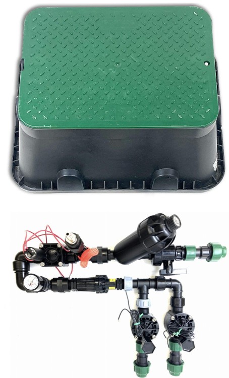 System nawadniania ~ 200 m², 2 sekcje, reduktor ciśnienia, zawór Master, filtr, manometr, odpowietrznik, studzienka Jumbo