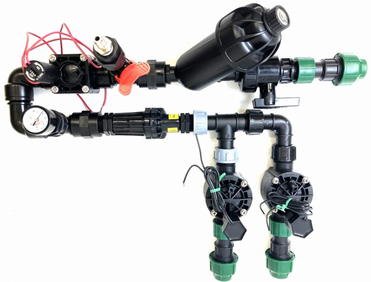 System nawadniania ~ 200 m², 2 sekcje, reduktor ciśnienia, zawór Master, filtr, manometr, odpowietrznik, studzienka Jumbo