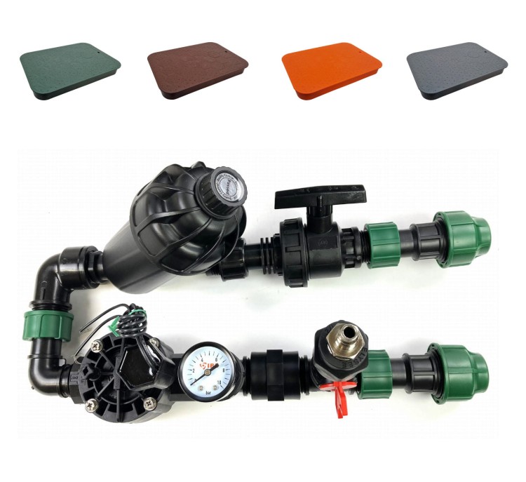 System nawadniania przygotowanie wody do nawadniania: elektrozawór master, filtr, manometr, odpowietrznik, zawór kulowy