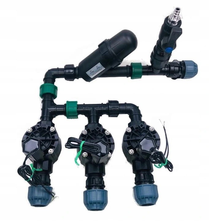 Zestaw kolektorowy 3 sekcje elektrozaworów RainBird, filtr, odpowietrzanie