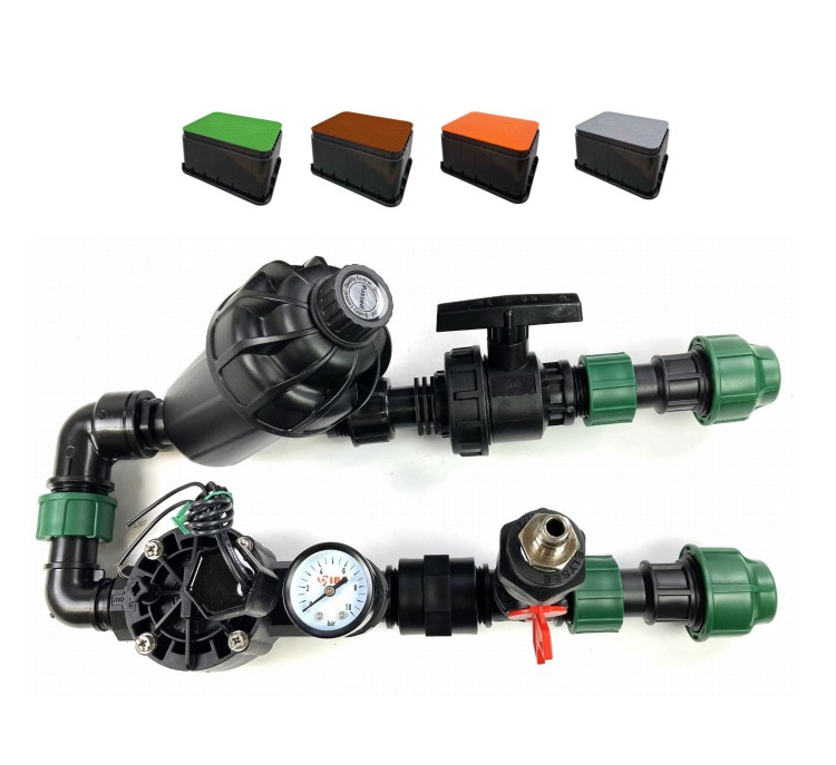 System nawadniania przygotowanie wody do nawadniania: elektrozawór master, filtr, manometr, odpowietrznik, zawór kulowy