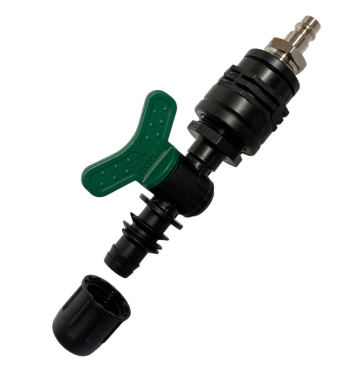 Przedmuchiwanie systemu szybkozłączką do kompresora, zaworek, wyjście do rury 16mm przelot QJ